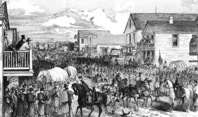 This detailed sketch by Thomas Nast shows Union troops marching along the main street of old Indlanola and published in the New York Illustrated News, April 6, 1861. Nast is the artist also known for creating America's rotund Santa Claus, the Democratic Party donkey and the Republican elephant